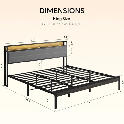 Image of LIKIMIO King Size Bed Frame, Storage Headboard with LED Lights and Charging Station, Metal Platform Bed No Box Spring Needed, Noise Free, Under Bed Storage, Charcoal Gray