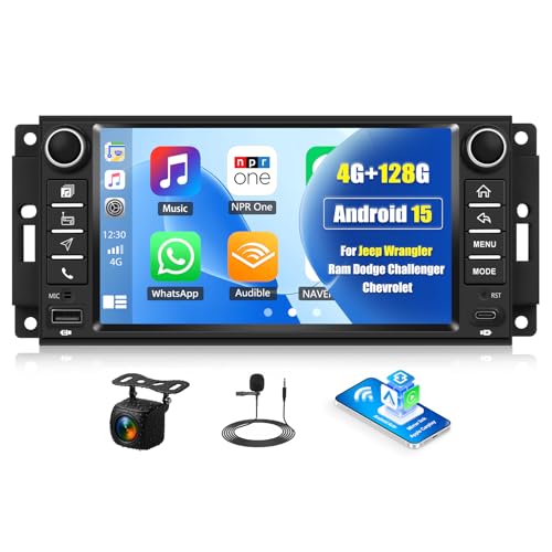 CAMECHO 4+128G Android 15 Autoradio 7 Pouces pour Jeep Wrangler Dodge Challenger Compass avec Caméra de Recul, Radio Bluetooth avec Carplay sans Fil Android...