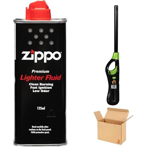 ANGIX 125ml Ziippo Lighter Fluid with BBQ Lighter, Easy Refill Nozzle Fuel Petrol Refill Canister, Clean Burning, Fast Ignition & Low Odour, Universal Fit for Clipper & Ziippo Lighters