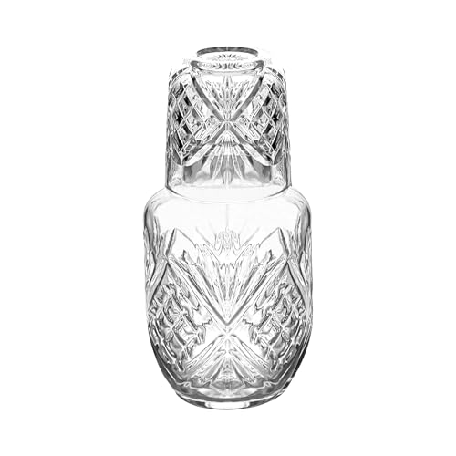 Bedside Water Carafe with Cup, Modern Water Pitcher Set for Bedroom Nightstand, Bedside, Ticked Glass Mouthwash Decanter for Bathroom (550 ml / 18.5 oz, Clear)