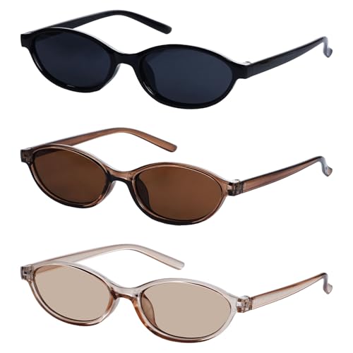 YKYUASD 3 Pairs Retro Oval Cat Eye Sunglasses for Women 90s Designer Narrow Sunnies Y2k Trendy UV protection Sun Glasses (Option 2)