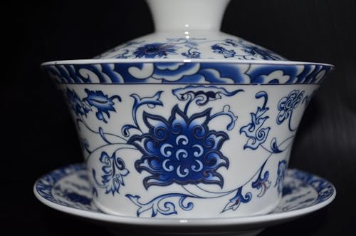 YXHUPOT Gaiwan Blue White Porcelain Teacup Sancai Tea Cup Saucer Cover Set Lotus (300ml Lotus), 4 inches by 3.5 inches - Image 3