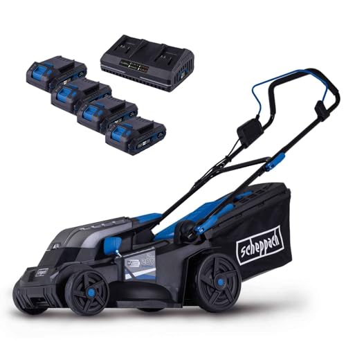 Scheppach Akku Rasenmäher BC-MP380-X | 38cm Schnittbreite | für 450-500m2 | 45L Korb | Schnitthöhe 25-75mm | Brushless | 20V-IXES-Serie | 10 Jahre Garantie | 4x2Ah Akku & Fastcharge Doppelladegerät