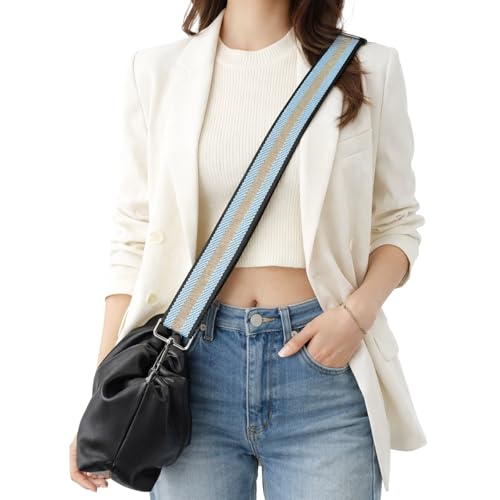 Image of Light Blue and Gold Thread Stripe Webbing Purse Strap with Gunmetal Black Hardware 1-1 /2 Inch Wide Replacement Crossbody Guitar Style Adjustable Shoulder Strap for Handbags Totes