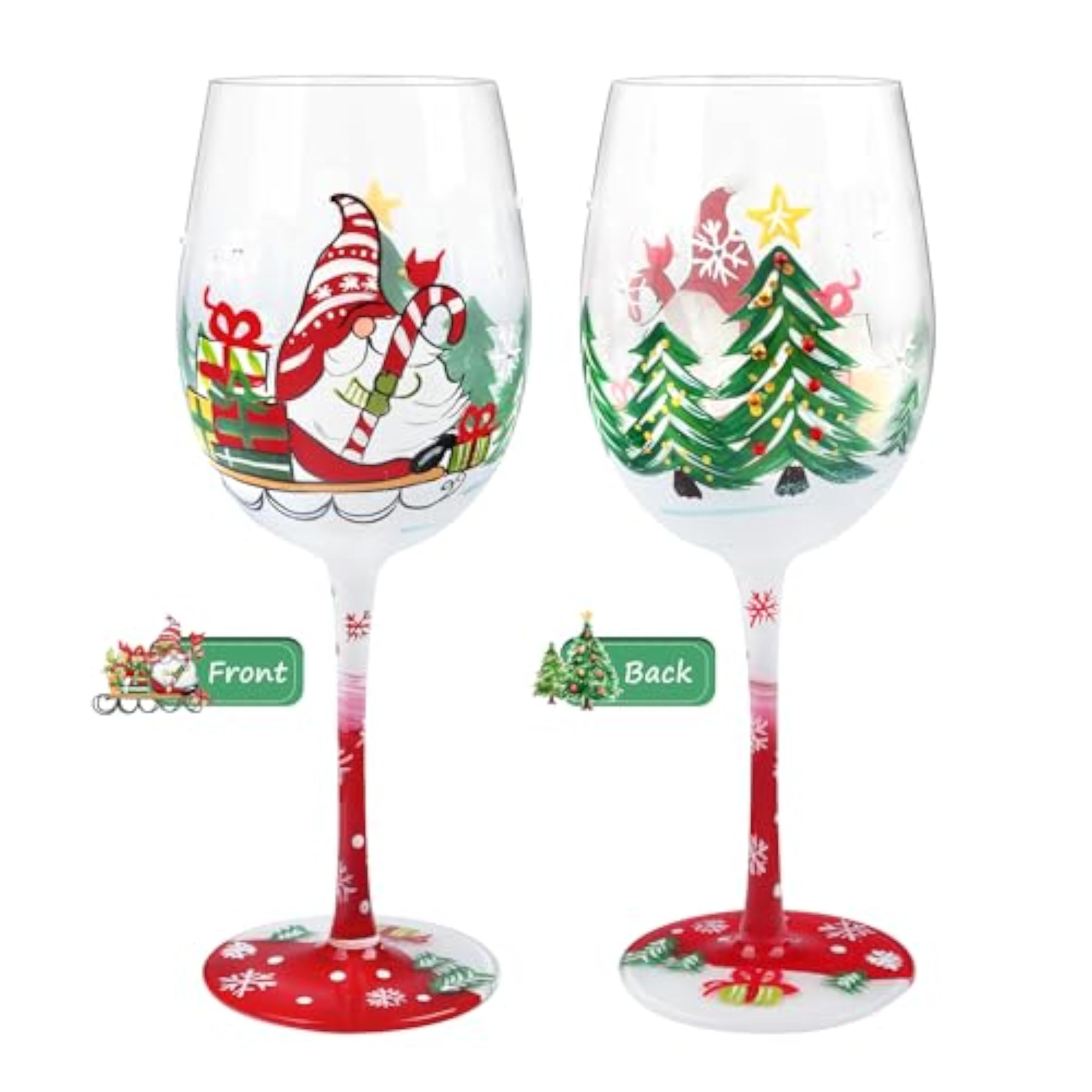 NymphFable Vaso de vino pintado a mano con temática de Navidad, gnomo, Papá Noel, árbol de Navidad, copo de nieve, regalos para familiares, amigos, vasos de vino 15oz
