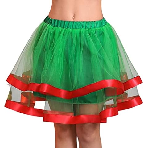 Flovel Women's Teen Adult Tutu Skirt Classic Elastic Layered Tulle Tutu Skirts Petticoat Ballet Dance Skirt Rave Chritmas Fancy Dress for Women and Girls(Green with Red) Cover