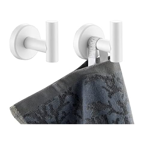 JQK Bathroom Towel Hook White, Coat Robe Clothes Hook for Bathroom Kitchen Garage Wall Mounted (2 Pack), 304 Stainless Steel 0.8mm Thicken, TH100-WH-P2 Cover