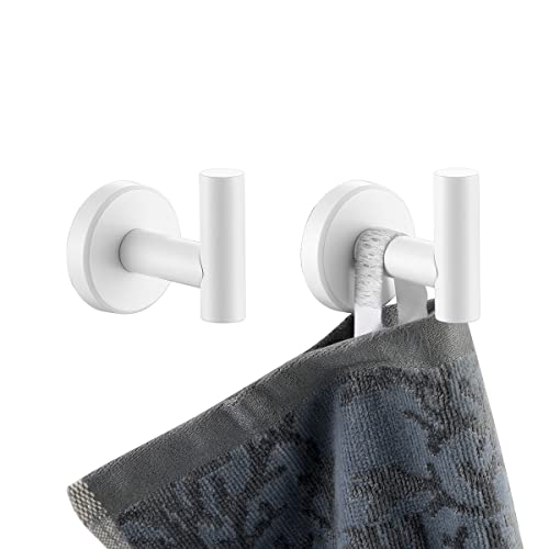 Image of JQK Bathroom Towel Hook White, Coat Robe Clothes Hook for Bathroom Kitchen Garage Wall Mounted (2 Pack), 304 Stainless Steel 0.8mm Thicken, TH100-WH-P2