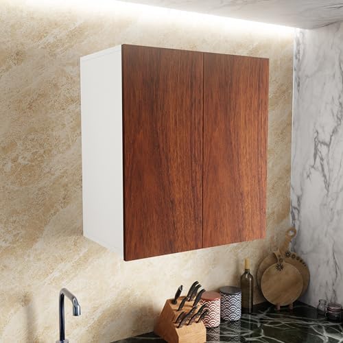 Image of 2 Door Multipurpose Wall Mounted Cabinet with Adjustable & Fixed Shelf | Storage for Modular Kitchen, Office & Living Room | Assembly-DIY | Color-White & Cherry Pine | Size-60x33x63.8 Cm