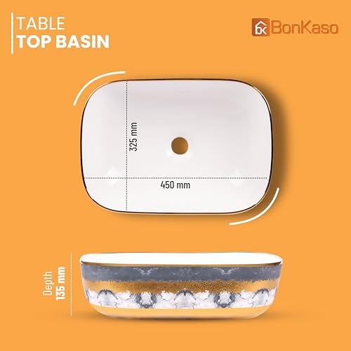 Image of Bonkaso Designer Ceramic Table Top Wash Basin | Grey White with Golden Texture Rectangular Countertop Vanity Sink | 45 x 32.5 x 13.5 cm Premium Glossy Bathroom Basin - P1023