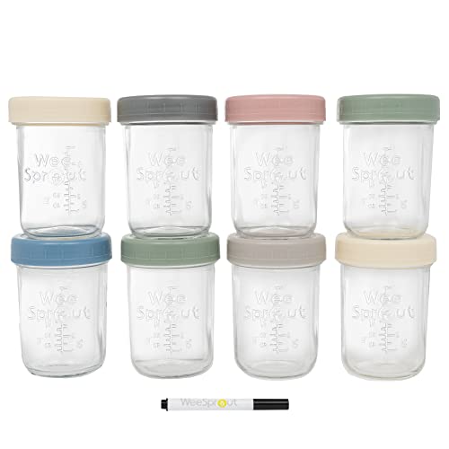Image of WeeSprout Glass Baby Food Storage Jars w/Lids (8 oz, 8 Pack Set) Snack, Puree, Reusable Small Containers, Breast Milk, Fridge or Freezer, Microwave & Dishwasher Safe, Essential Must Have for Infants