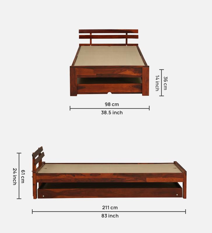 Image of Solid Sheesham Wood Admire Single Size Trundle Bed with 1 Extra Pullout Bed | Wooden Single Bed Cot Palang Furniture for Bedroom Living Room Home and Hotel (Honey Oak Finish)
