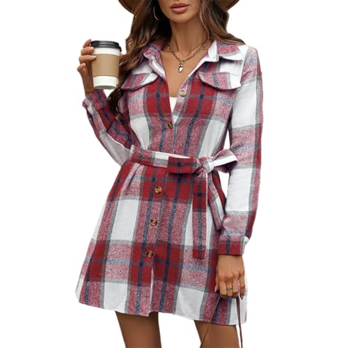 Mini-Herbstkleider für Damen, Flanell, Knopf, lange Ärmel, kariert, Gürtel, lässig, mit Gürtel, kurz, A-Linie, Hemdkleid für den Außenbereich,...