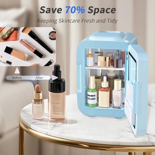 YASHE Skincare Fridge Mini Fridge for Bedroom with Dimmable LED Mirror, 4Liter/6 Cans Cooler and Warmer for Makeup, Cosmetic, Beauty, Portable Refrigerator for Bedroom, Vanity, Office and Car- Blue