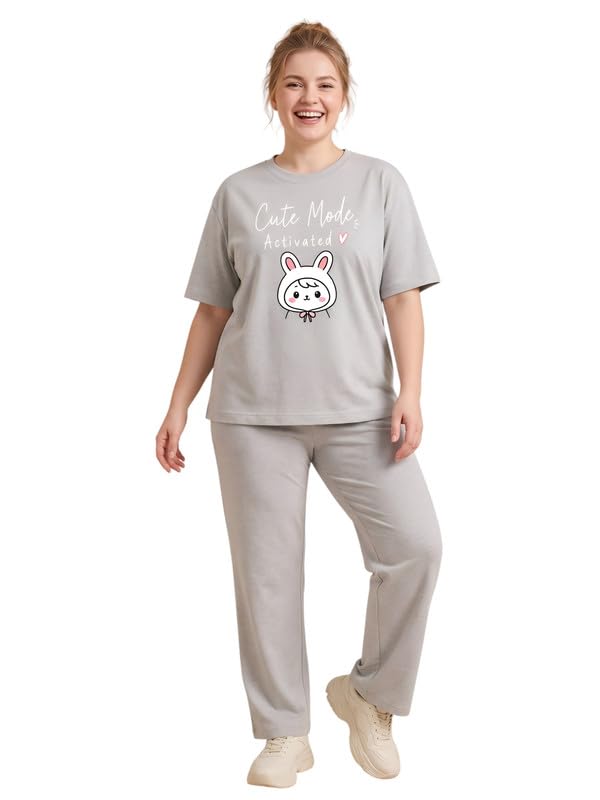 Image of My Swag Womens Nightsuit Set | Cute Bunny Graphic Print T-Shirt & Pajama | Soft Breathable Sleepwear and Loungewear Co-Ord Set for Women
