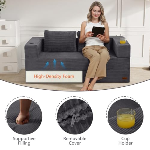 Sofá de dos plazas gris con almohadas ergonómicas para un descanso seguro e infantil 7