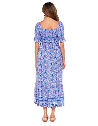 Hotouch Bohemian Print Dress Short Sleeve Square Neck Blue Floral Dresses Maxi Beach Casual Dress (Blue Floral M) #TOP2