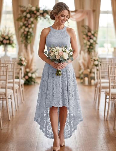 Image of Dressystar Women Halter Lace Wedding Guest Dress Hi-Lo Cocktail Party Bridesmaid Formal Dresses