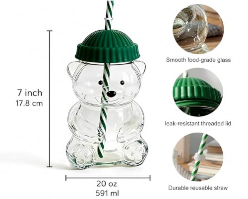 Image of Teddy Bear Glass,Cup Bear Straw Cup, 20oz Cute Bears Glass Tumbler with Cute Animal Mug for Hot and Cold Drinks, Smoothies Juice, Travel & Gifts (Multicolor) Borosilicate Glass