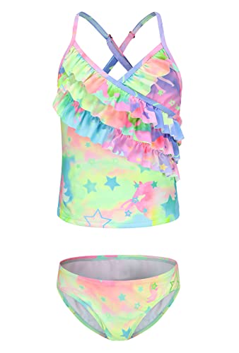 Image of Girls Two Piece Tankini Swimsuit Hawaiian Ruffle Swimwear Bathing Suit Set