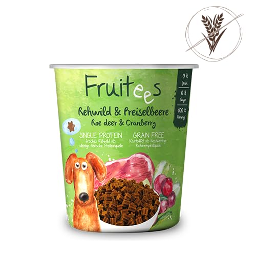 bosch Finest Snack Concept | Fruitees frisches Rehwild & Preiselbeere | Ohne Getreide | softe Hundeleckerli für Training oder als Snack, herzhafte fleischige Leckerlies für alle Hunde| 4 x 200g