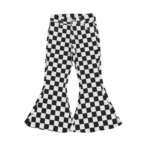 Todder Western Black White Checkerboard Girl Jeans Bell Bottom Pants