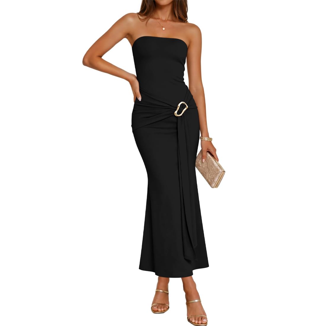 Jyixxzx Women's Black Strapless Maxi Dress Sexy Bodycon Long Bandeau Dresses Elegant Sleeveless Ruched Backless Tube Dress Beach Vacation Wedding Guest Dresses For Party Club Cocktail