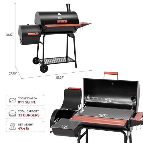 Image of Royal Gourmet CC1830W 30-Inch Charcoal Grill with Offset Smoker and Wood-Painted Side Table, Outdoor Smoker Grill with 811 Sq. In. Cooking Area for Outdoor Barbecue Event, Black