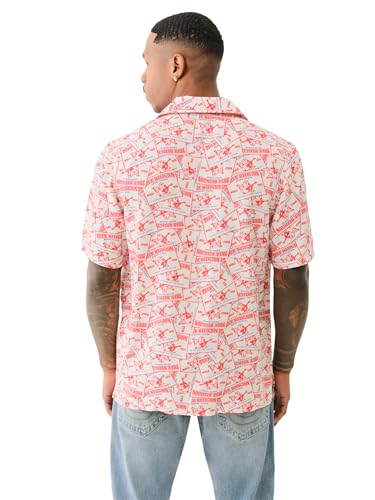 True Religion Men's Camp Collar Shirt - Red/Blue/Natural | Short Sleeve Fit Button-Up4