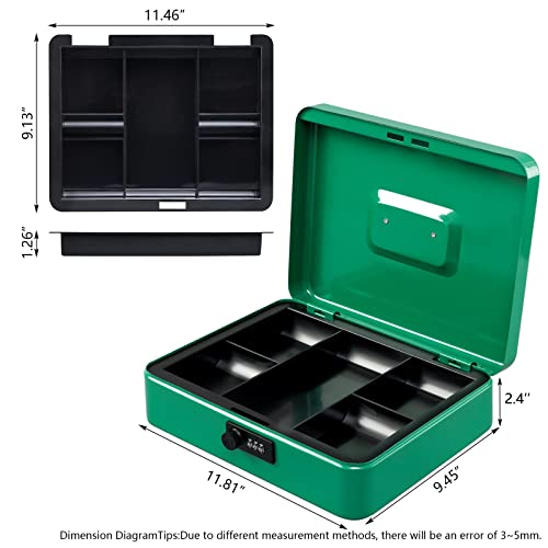Image of KYODOLED Metal Cash Box with Combination Lock Money Box for Cash Safe Metal Box with Money Tray for Security Lock Box 11.81 inchx 9.45 inchx 3.54 inch Green X Large