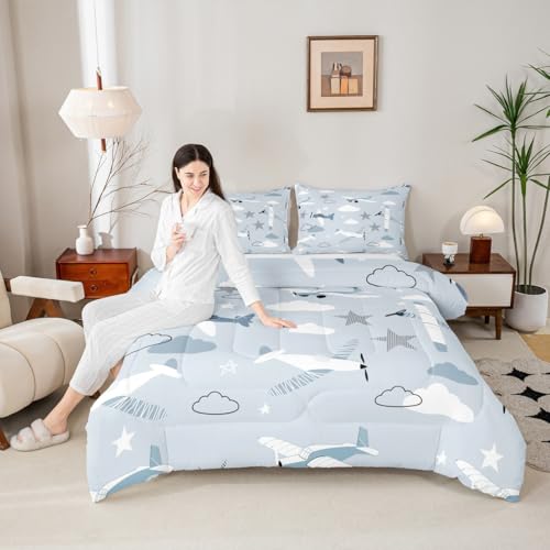 Image of Manfei Cartoon Airplanes Kids Comforter Set Twin Size,Cute Aircraft Toddler Bedding Set for Boys Girls Adults,Starry Clouds Outer Space Adventure Down Comforter,Blue Lovely Duvet Insert,1 Pillowcase