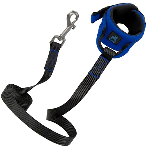 Image of Gooby Neoprene Wristband Sport Leash, Blue, 6 FT | Hands-free wristband; Neoprene padded cushion; 6 ft; Adjustable hook-and-loop fastener; All-weather