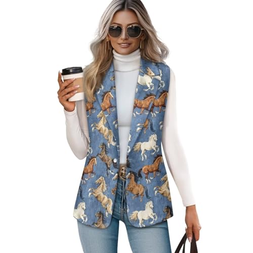 Novelty Prints Sleeveless Vest Blazer for Women Casual Open Front Cardigan Vest Office Lapel Button Long Blazers