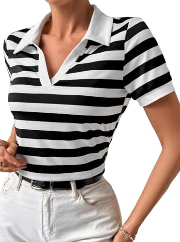 LilyCoco Womens Striped Shirt Fitted Collared Neck Short Sleeve T Shirt