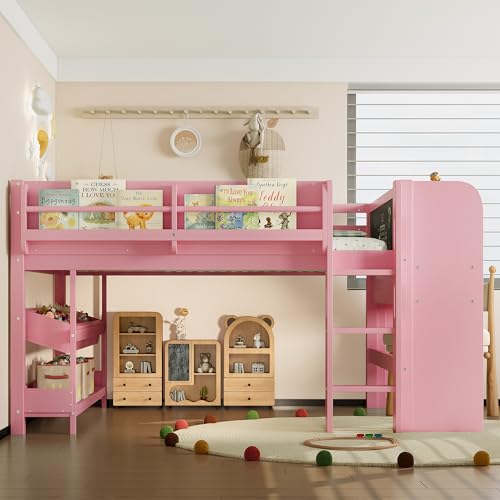 Image of Full Loft Bed with Multi-Storage Bookcases, Boxes and Drawers, Solid Wood Low Loft Beds with Desk and Blackboard, No Box Spring Needed (Pink-02)