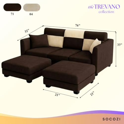 Image of SOCOZI Evanto 5 Seater L Shape Sofa Set with 2 Movable Ottomans | Flexible Layout | Soft Velvet Suede Fabric | Modern Sofa | Plush Comfort Cushions for Living Room, (Dark Brown-Cream)