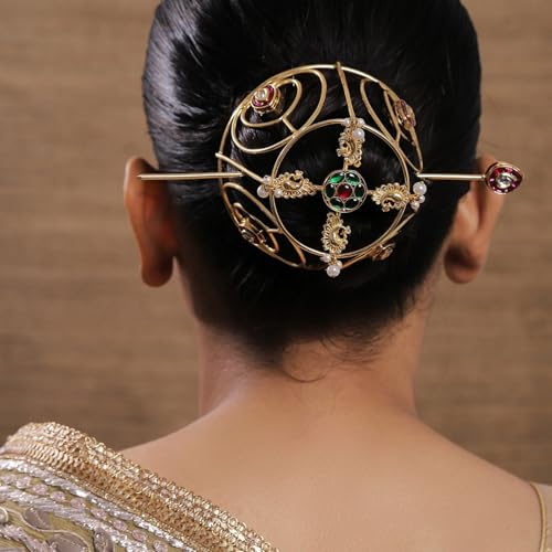 Image of Hair Bun Cage Accessory for Women | Handcrafted Brass Juda Cover with Stick | Anti-Tarnish Traditional Hair Accessory for Wedding & Festive (Padma Hair Bun (Golden))