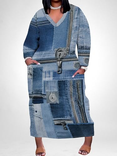 Image of SUZONANA Plus Size Denim Print Maxi Dresses for Women Casual V Neck Short Sleeve with Pockets Soft Jean Look Dress XL-6XL
