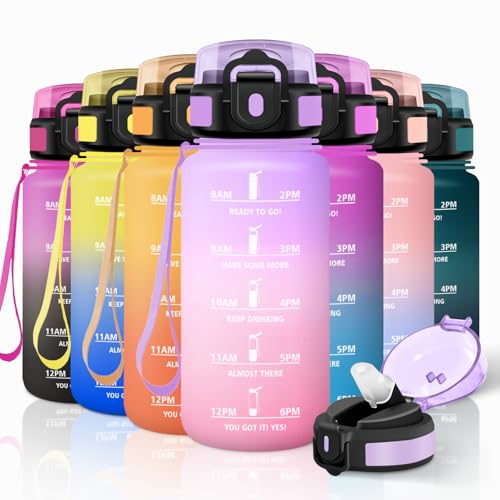 Motswedi Botella Agua Niños, 500ml con Pajita, Botella Agua, a Prueba de Fugas, Cantimplora, con Marca de Tiempo, Cantimplora Infantil para Niños, Gym, Colegio, Oficina, Violeta Claro & Rosa Claro
