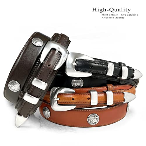Silver Mirror Buckle Oil Tanned Genuine Leather Western Ranger Belt 1-3/8"(35mm) Taper to 3/4"(19mm) Wide-Multiple choices2
