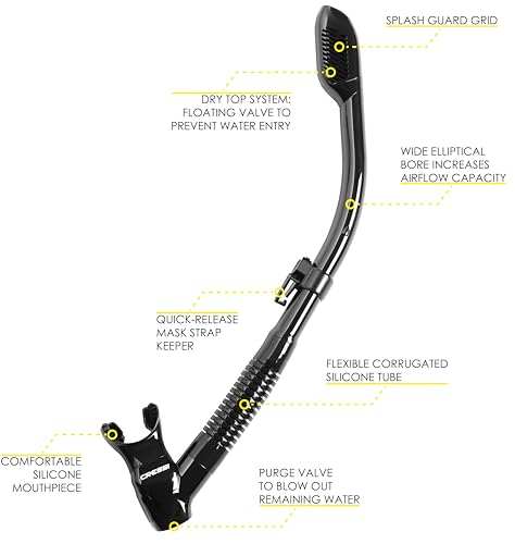 Foto von Cressi Dry Snorkel Black/Black - Unisex Premium Trockenschnorchel für Tauchen/Apnoe/Schnorcheln, Schwarz/Schwarz, Einheitsgröße
