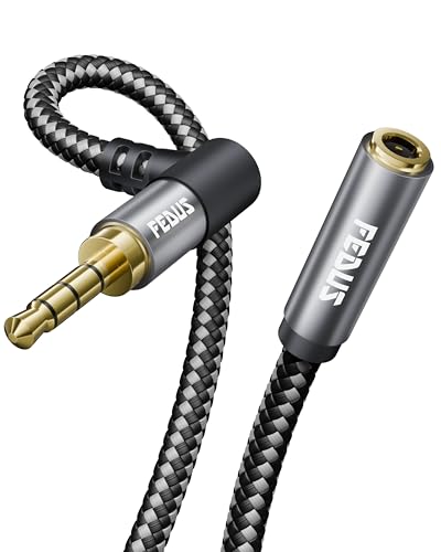 Image of FEDUS Bass-X 3.5mm Male to Female Audio Extension Cable with Mic Support, 1 Meter 90 Degree L-Shape TRRS 4 Pole Conductor Stereo Aux Cord, Extender for Laptop, Phone, Car, Gaming, Speakers, Headphone