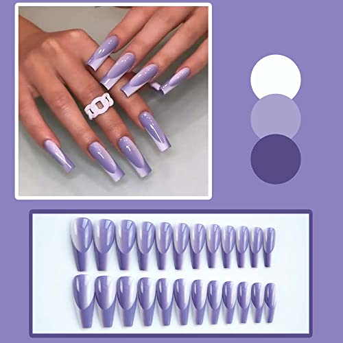Andging Purple Press On Nails Long Coffin, Fake Nails For Women With White Glossy French Design, Acrylic Glue On Nails Cute False Nails, Full Cover Stick On Nails For Wedding Birthday 24Pcs #TOP1
