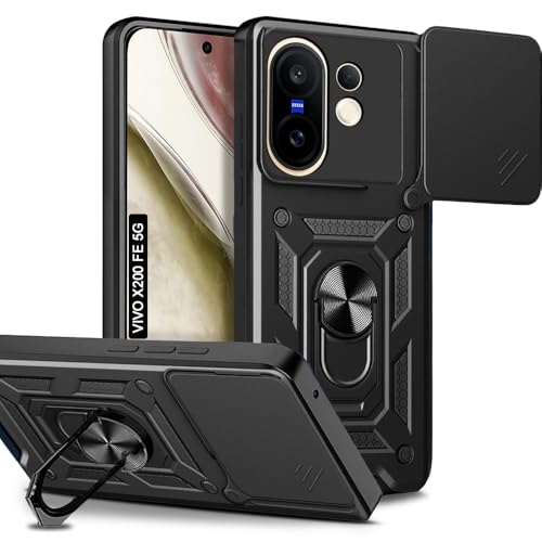 Image of AESTMO Tough Armor Vivo X200 FE 5G Bumper Back Case Cover | Ring Holder & Sliding Camera Shield Cover | 360 Degree Protection Back Case Cover for Vivo X200 FE 5G (Black)