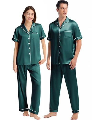 Couples Matching Pajamas Set Silk Satin Short Sleeve Sleepwear Men Button Down Loungewear Green X-Large