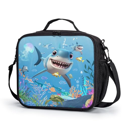 Shark Kids Lunch Box Blue Ocean Theme Lunch Bag for Boys Girls Sea Coastal Insulated Lunch Tote Bag with Adjustable Strap Thermal Lunchbox for School Picnic Outdoor