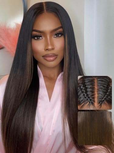 UNICE Chestnut Brown Ombre Yaki Straight 7x5 Pre Cut HD Lace Front Wigs Human Hair with Drawstring Bye Bye Knots Glueless Wig Pre Plucked Bleached Knots Natural Hairline 150% Density 18 inch