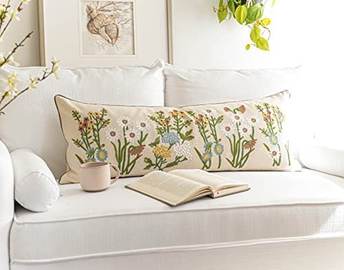 Blissblush Farmhouse Cream Linen Lumbar Pillow Cover 14X36, Floral Embroidery Body Pillow Cover, Long Pillow Cover For Bed, Couch, Cover Only #TOP7
