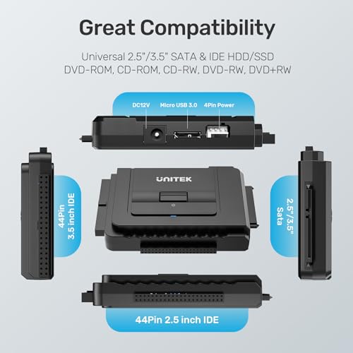 Image of Unitek USB C to IDE and SATA Converter External Hard Drive Adapter Kit for Universal 2.5 /3.5 HDD /SSD Hard Drive Disk, One Touch Backup Function, Included 12V /2A Power Adapter