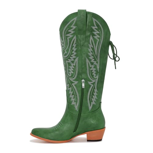 Image of Uillnoodu Wide Calf Cowboy Boots Women Adjustable Lace Up Knee High Tall Plus Size Cowgirl Boots Western Style Comfortable 2-Inch Heel